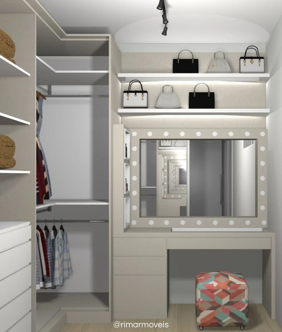 Projeto 3D de closet com penteadeira camarim e nichos iluminados